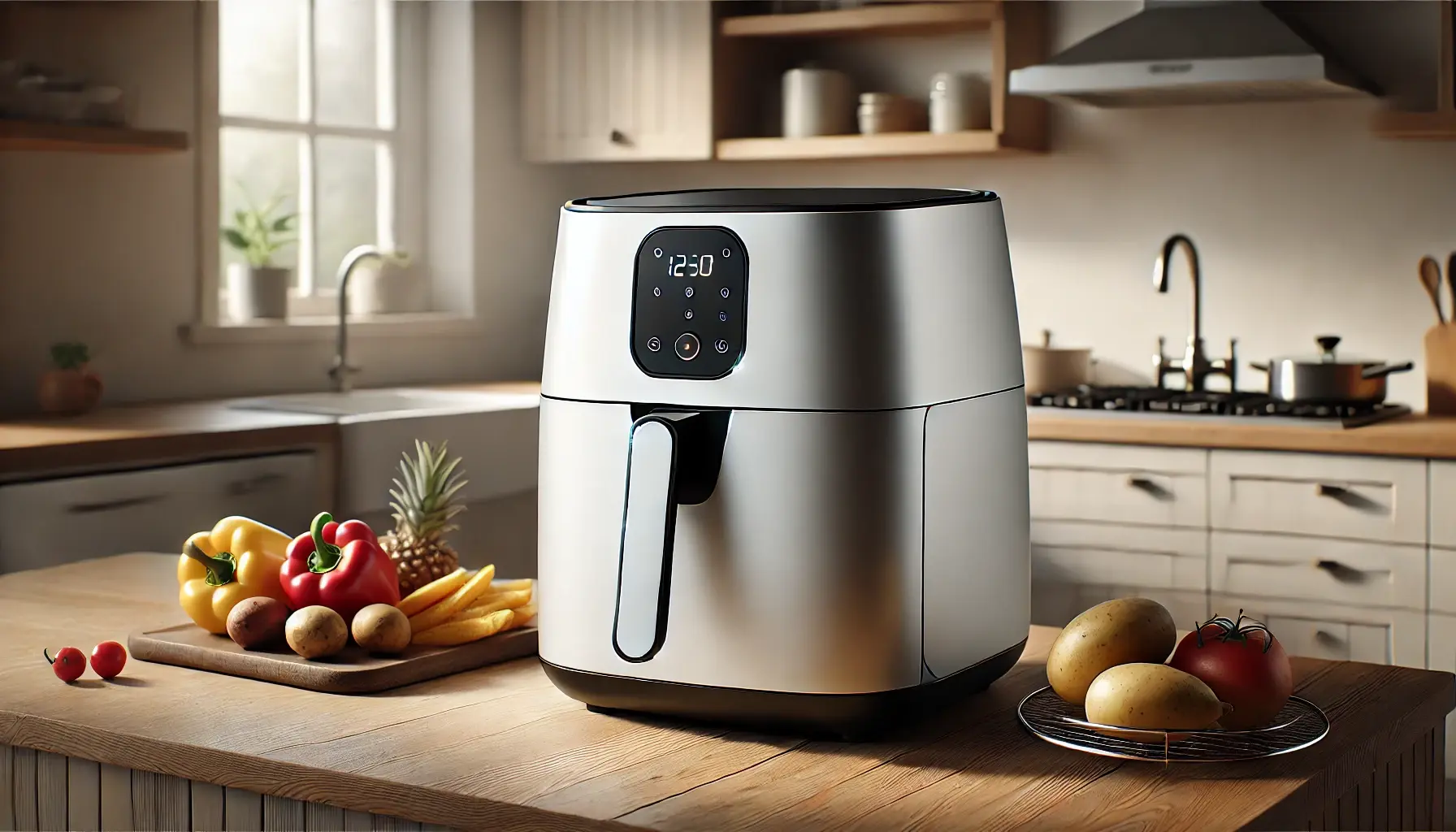 Moderne airfryer omgivet af friske grøntsager på køkkenbord i skandinavisk køkken