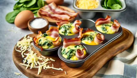 Baconindsvøbte æggemuffins med spinat og ost i airfryer