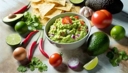 Cremet og frisk guacamole i skål med friske ingredienser