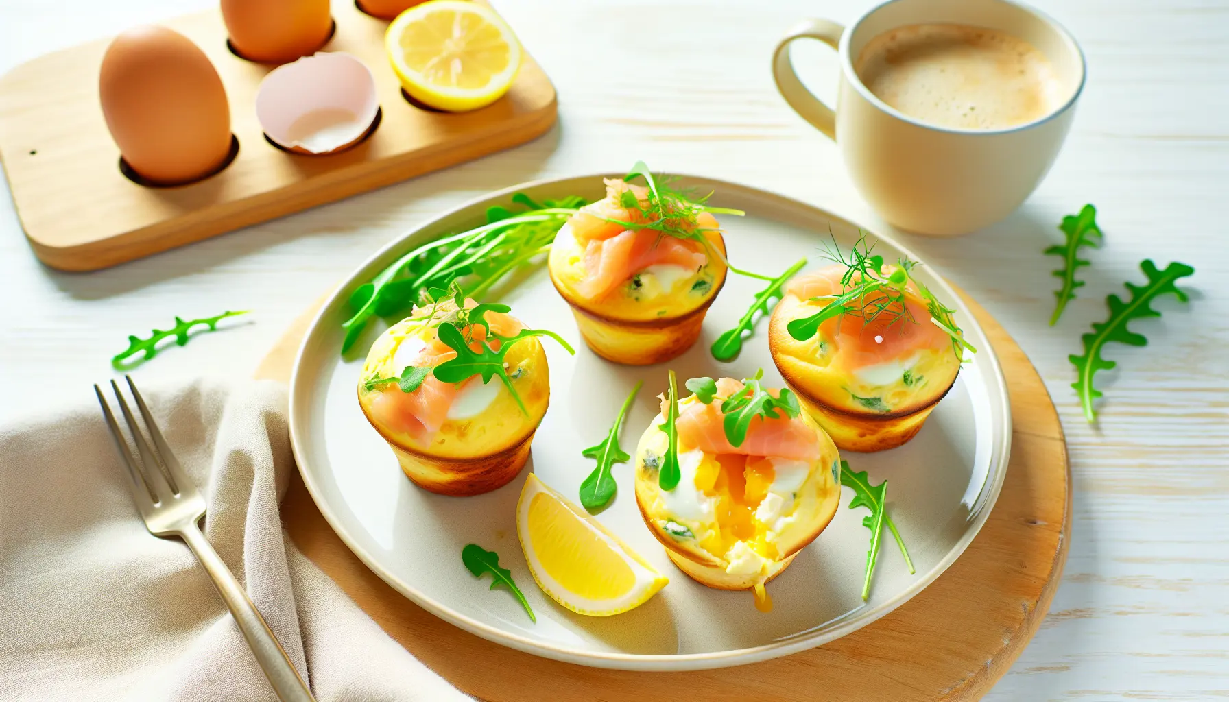 Lun æggemuffin med røget laks og frisk brøndkarse