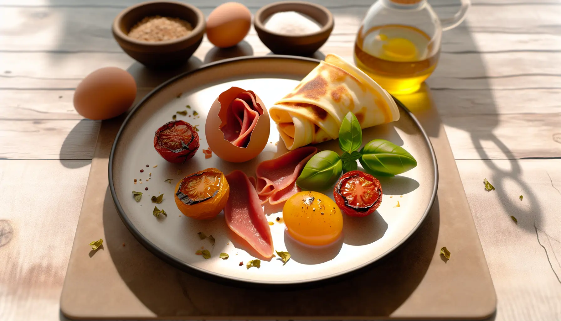 Lun æggewrap med lufttørret skinke og grillede tomater