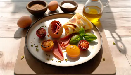 Lun æggewrap med lufttørret skinke og grillede tomater