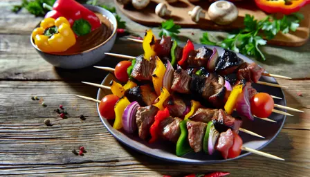 Farverige grillspyd med mør marineret svinekød og sprøde grøntsager