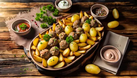 Festlig fødselsdagsplatte med mini-frikadeller og kartoffelskiver