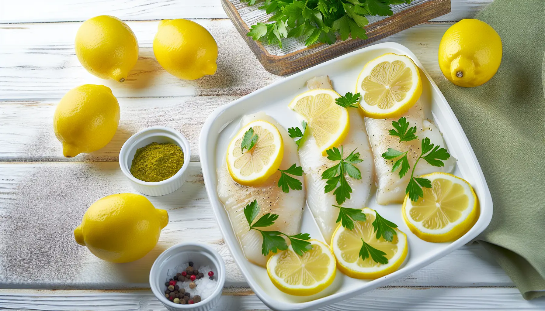 Friskbagte fiskefileter med citron og persille