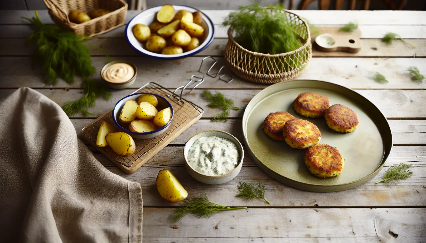 Friske Fiskefrikadeller med Dilddressing og Ovnbagte Kartofler