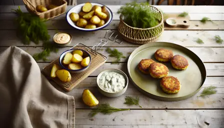 Friske Fiskefrikadeller med Dilddressing og Ovnbagte Kartofler