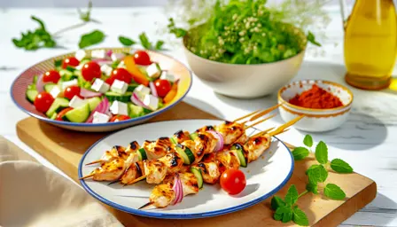 Friske grillmarinerede kyllingespyd med farverig sommersalat
