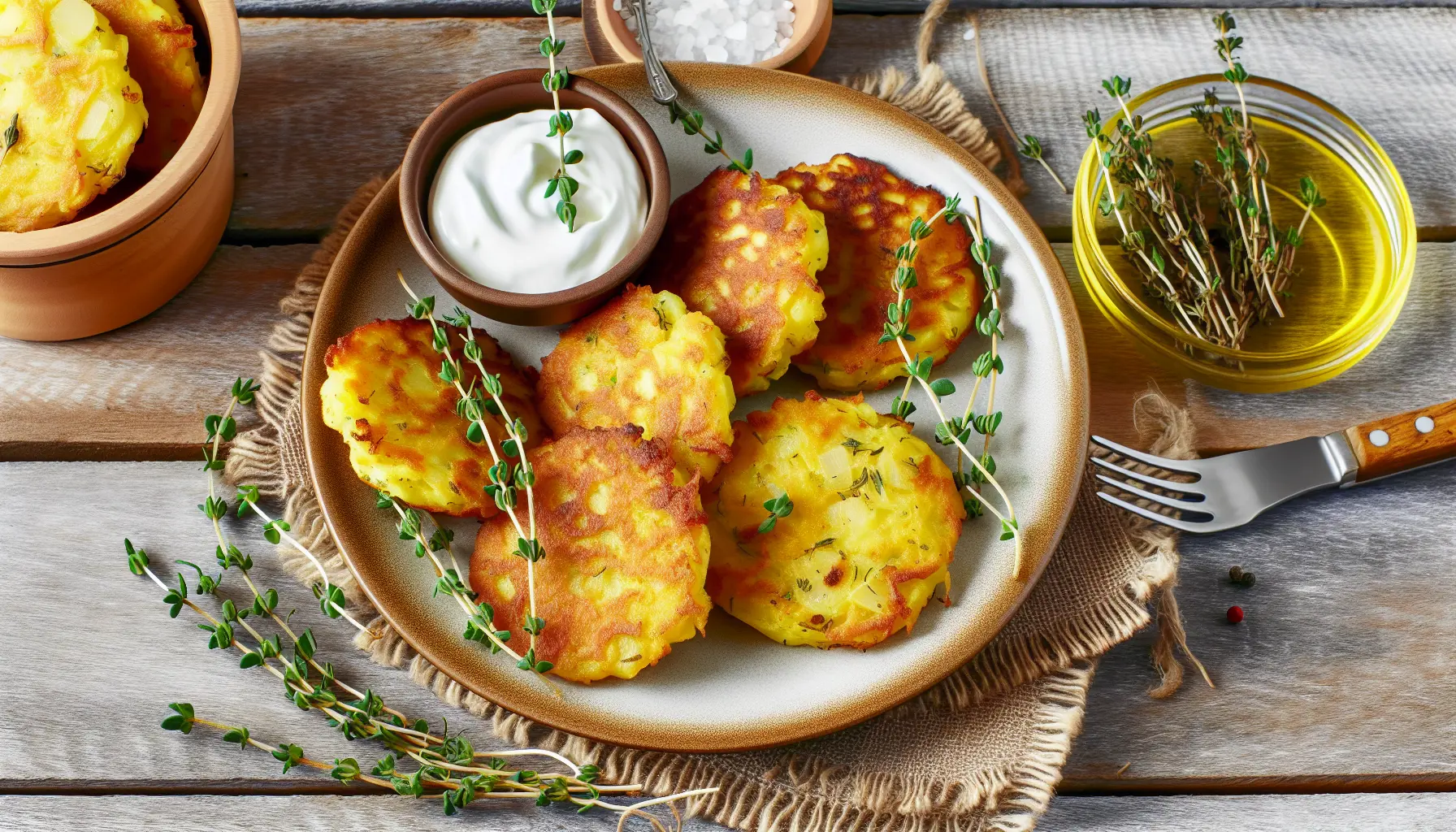 Gyldne kartoffelfrikadeller med frisk timian på tallerken
