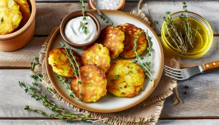 Gyldne kartoffelfrikadeller med frisk timian på tallerken