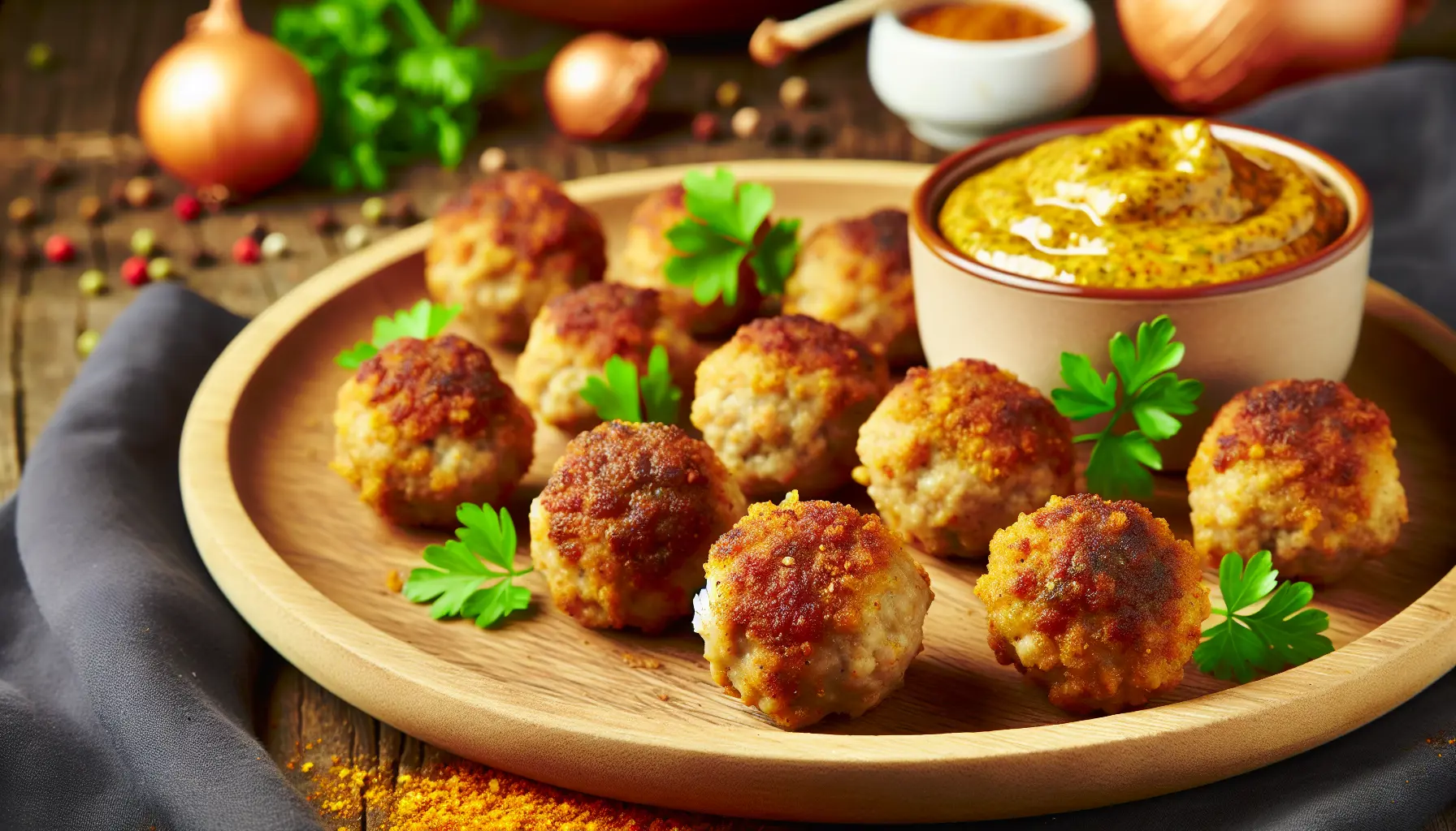 Gyldne og sprøde frikadeller med krydret sennepsdip
