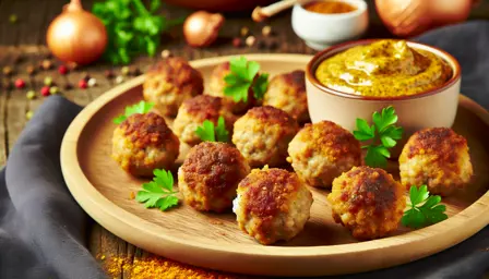 Gyldne og sprøde frikadeller med krydret sennepsdip