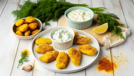 Sprøde hjemmelavede nuggets med frisk dilddip