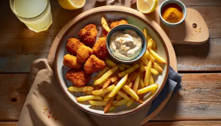 Sprøde hjemmelavede pomfritter og crunchy kyllingenuggets med hvidløgsmayo
