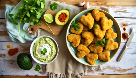 Sprøde hjerteformede kyllingenuggets med cremet avocado-dip