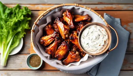 Karamelliserede BBQ kyllingevinger med cremet ranch dip
