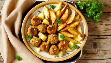Karryfrikadeller med kartoffelkiler serveret på tallerken