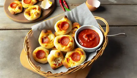 Knasende mini-pizzabites med smeltet ost og pepperoni