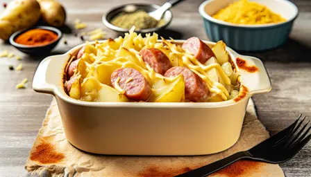 Kremede kartoffel- og pølsebakker med gylden ost