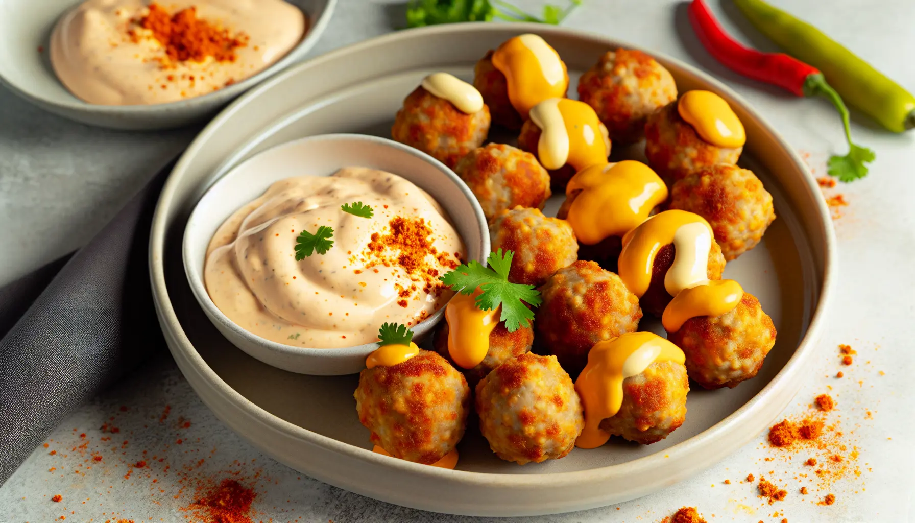 Krydrede ostefyldte mini frikadeller med cremet chilimayo