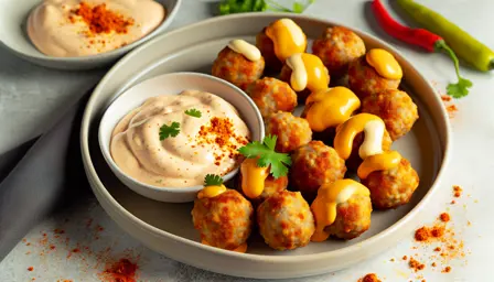 Krydrede ostefyldte mini frikadeller med cremet chilimayo