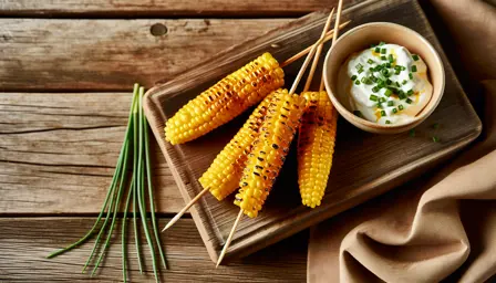 Krydret grillede majsspyd med cremet cremefraiche og frisk purløg