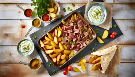 Krydret gyros med sprøde kartofler i pitabrød