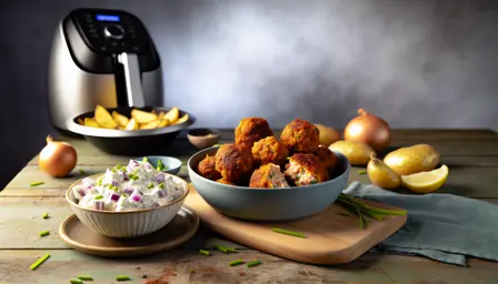 Krydret Karryboller med Cremet Kartoffelsalat
