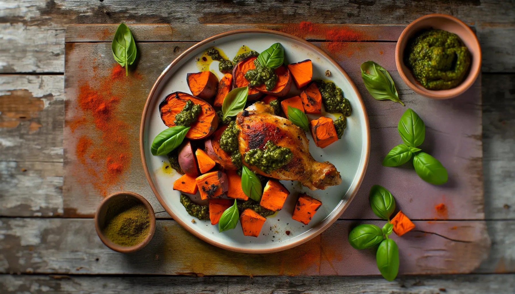 Krydret Kyllingelår med Søde Kartofler og Grøn Pesto