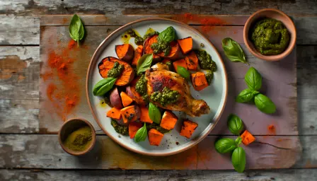 Krydret Kyllingelår med Søde Kartofler og Grøn Pesto