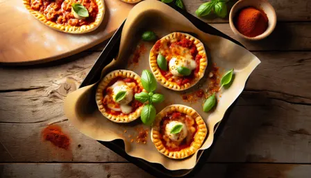 Sprøde mini pizza-tærter med krydret tomatsauce og mozzarella