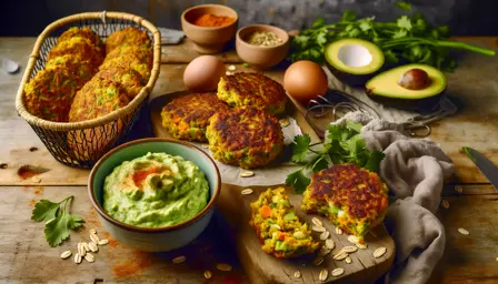 Krydret ovnbagte grøntsagsfrikadeller med cremet dip