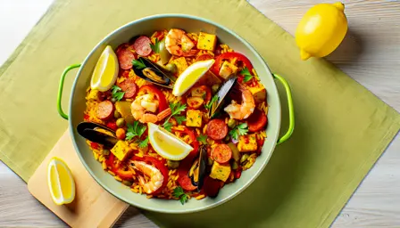 Krydret saftig paella med skaldyr og kylling