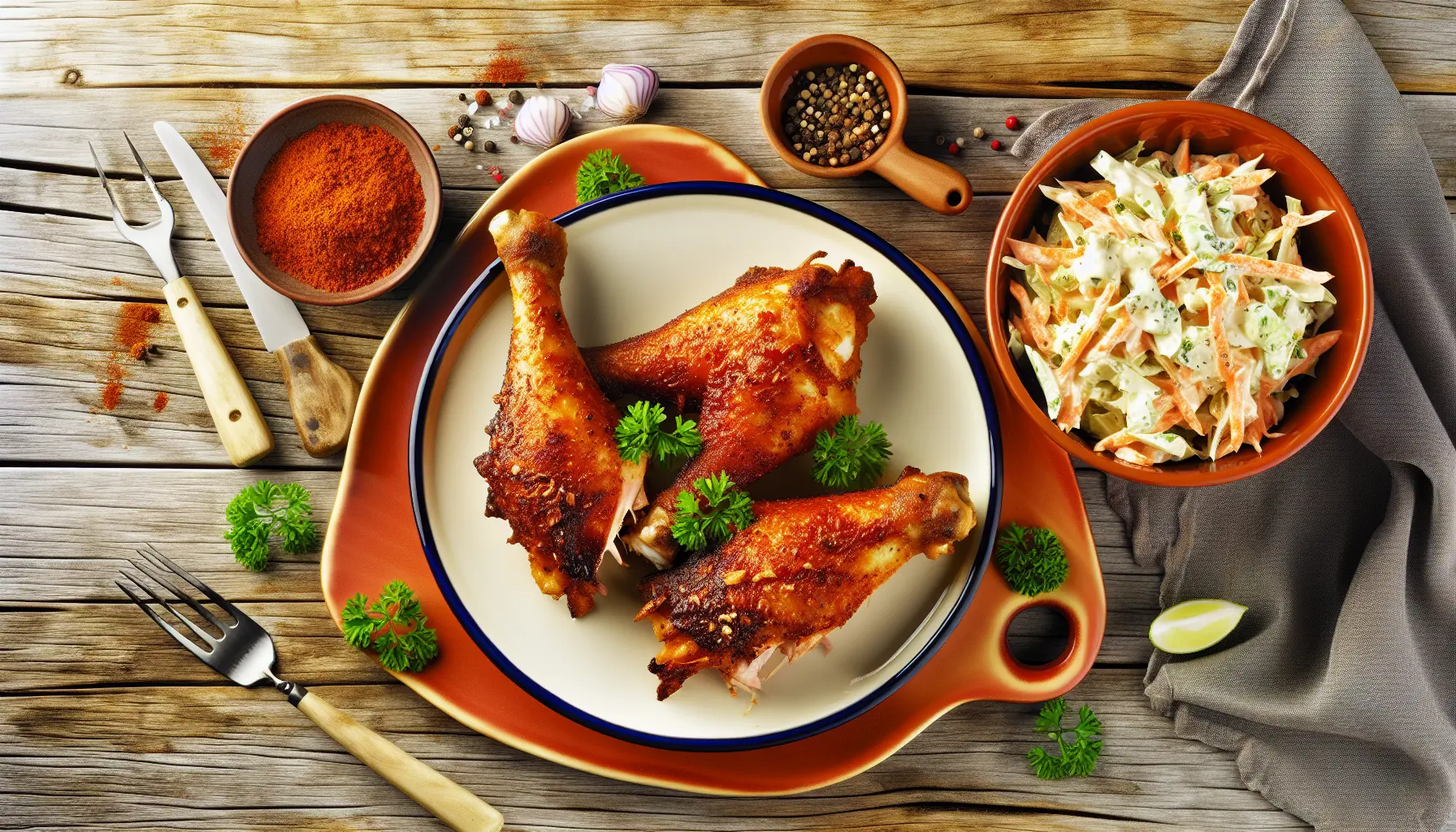 Krydret Sprøde BBQ Kyllingelår med Cremet Coleslaw
