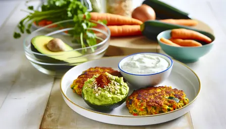 Sprøde grøntsagsfrikadeller med avocadodip