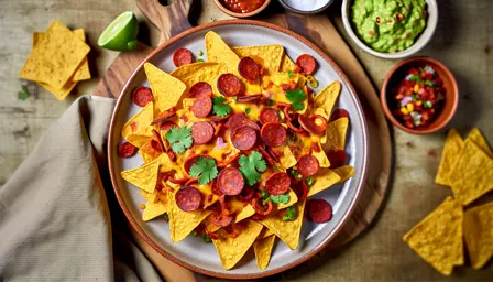 Sprøde nachos med smeltet ost og chorizo