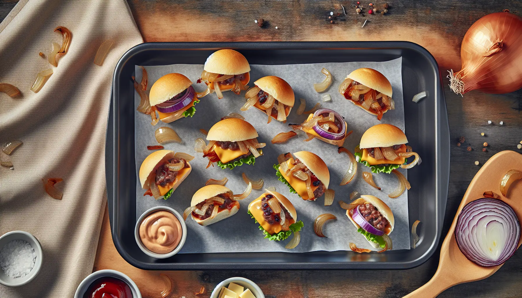 Mini cheeseburgere med smeltet ost og karamelliserede løg