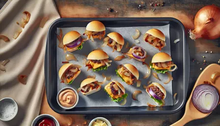 Mini cheeseburgere med smeltet ost og karamelliserede løg