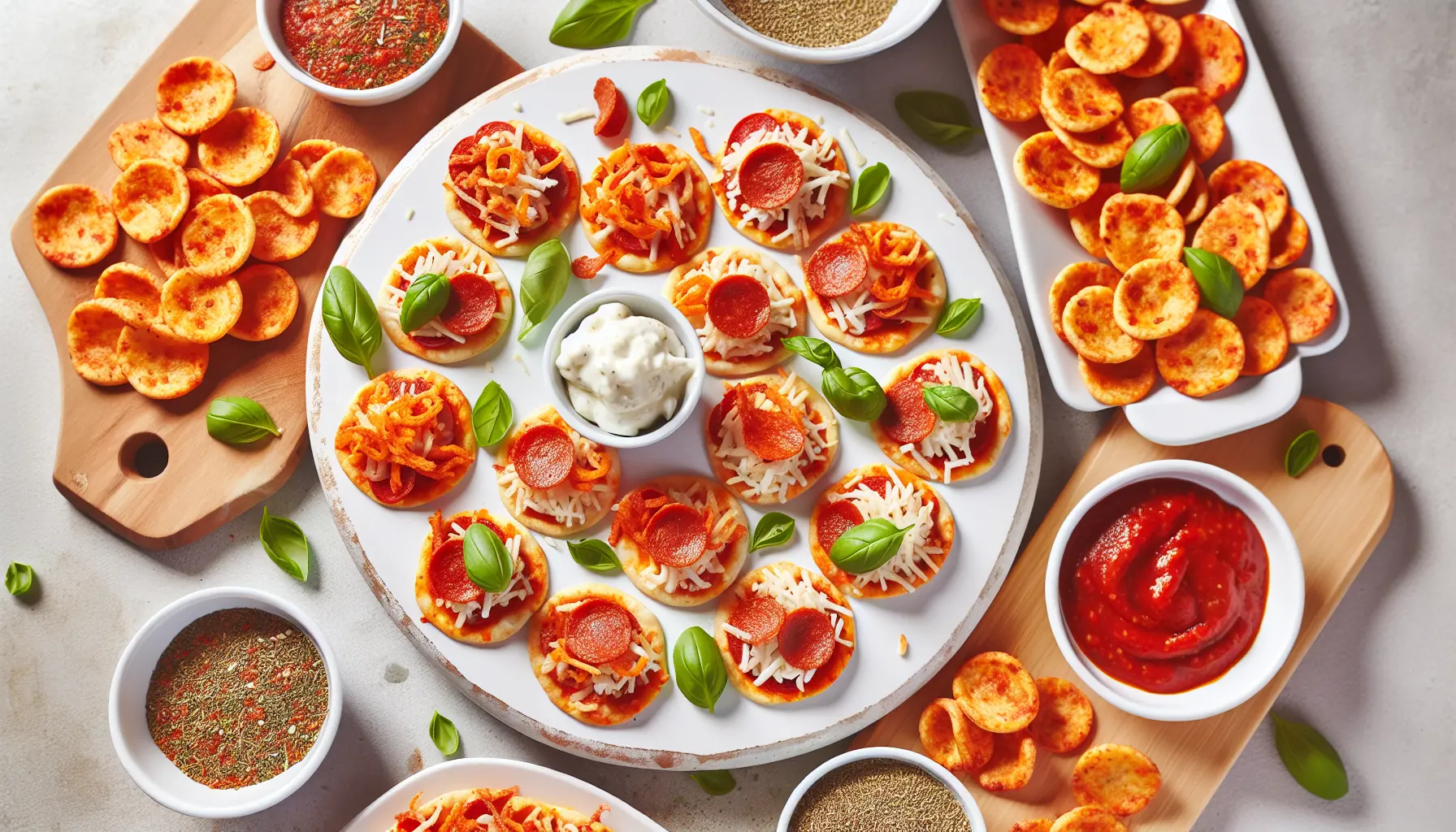 Lækre sprøde mini pizza-snacks på fade til nytårsaften