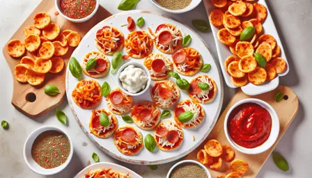 Lækre sprøde mini pizza-snacks på fade til nytårsaften