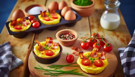 Luftig Æggekage med Sprøde Baconstykker og Friske Tomater i Mini-forme