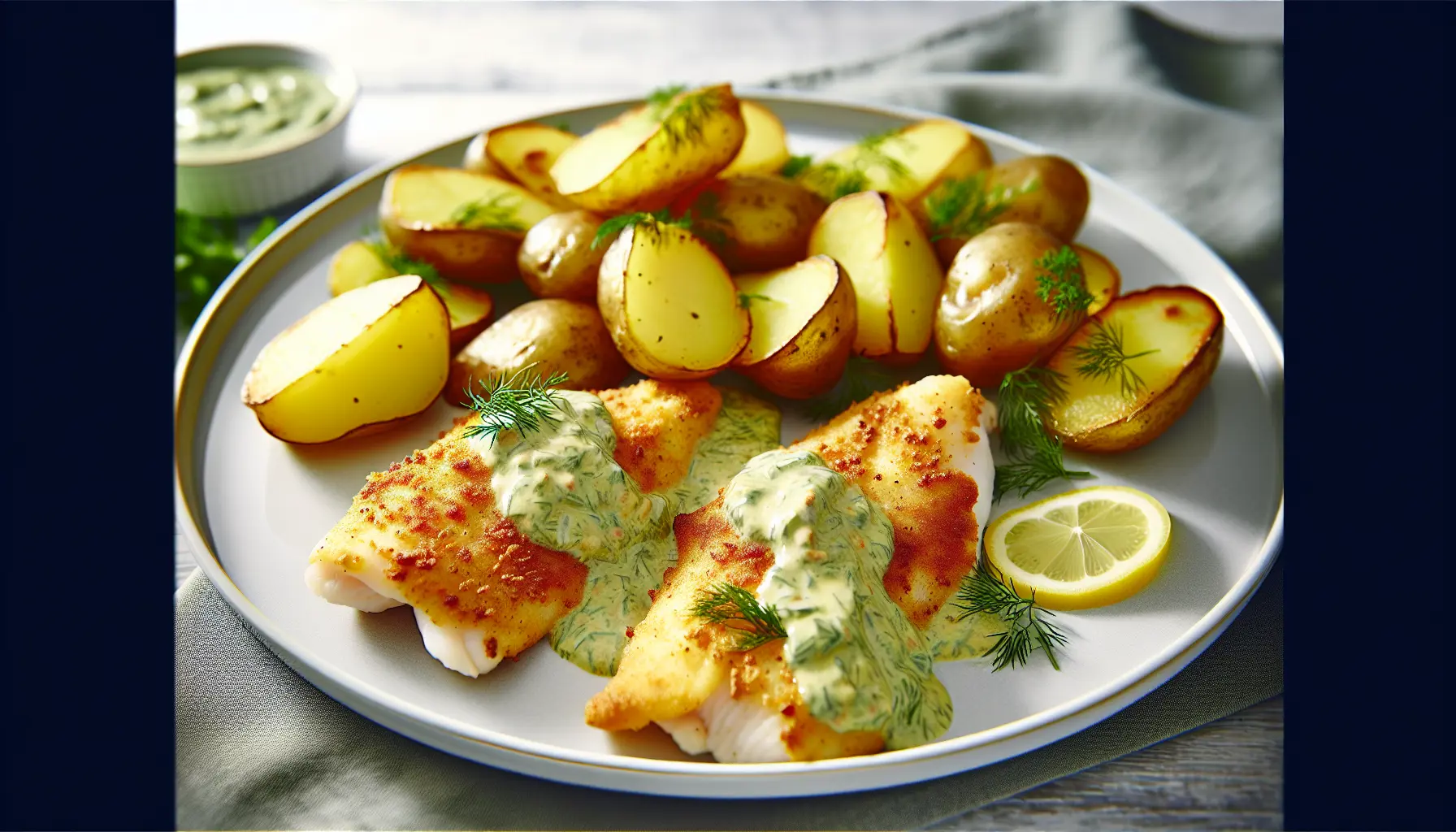 Luftige fiskefileter med citron-dilddressing og ovnbagte kartofler