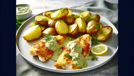 Luftige fiskefileter med citron-dilddressing og ovnbagte kartofler