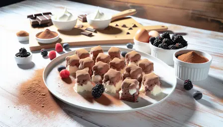 Luftige lagkagestykker med chokoladebudding og flødeskum