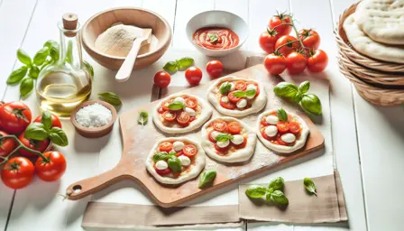 Luftige mini-pizzaer med frisk tomat og mozzarella