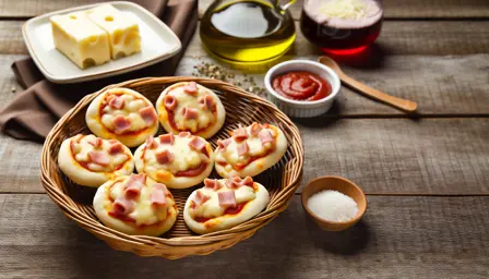 Luftige mini-pizzas med smeltet ost og skinke
