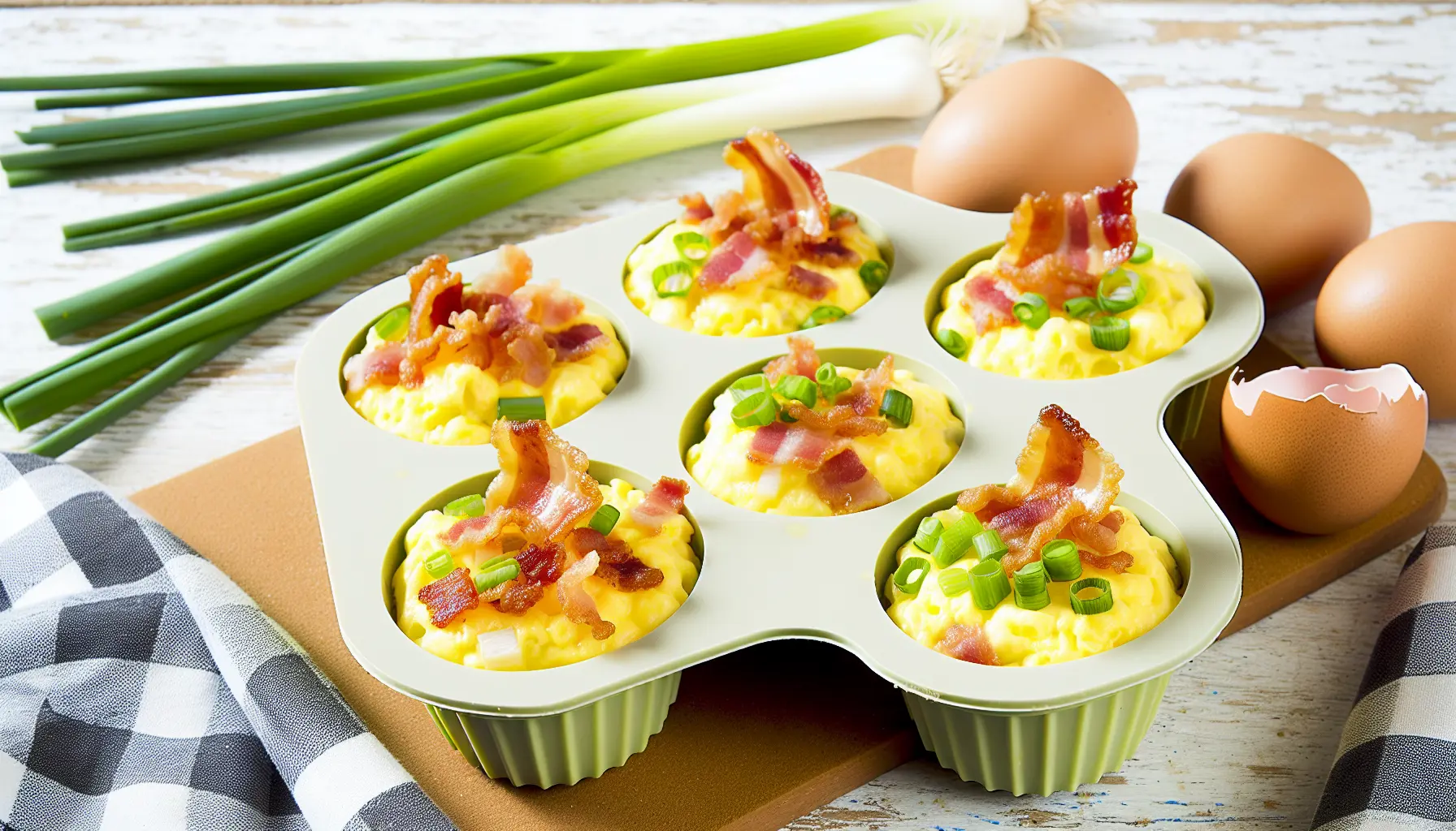 Luftige rørægsmuffins med bacon og forårsløg