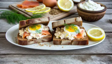 Lun cremet æggefyldt rugbrødssandwich med røget laks