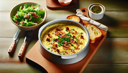Lun æggekage med sprøde baconstykker og frisk purløg