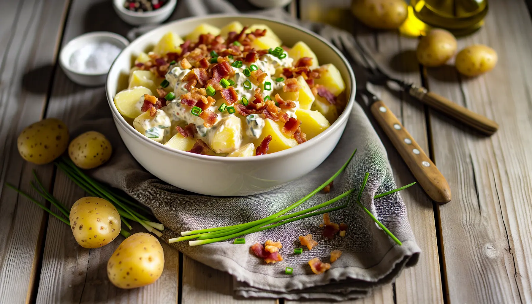 Lun kartoffelsalat med sprøde bacontern og frisk purløg
